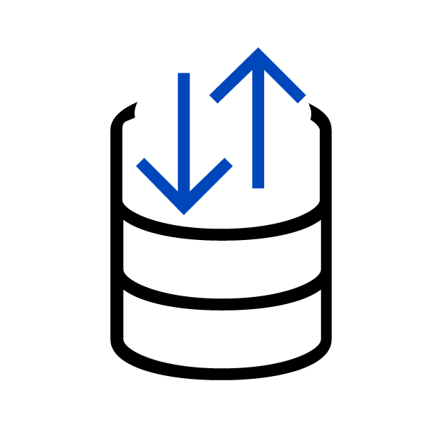 an icon of a dataset with a black outline and blue arrows indicating incoming and outgoing data
